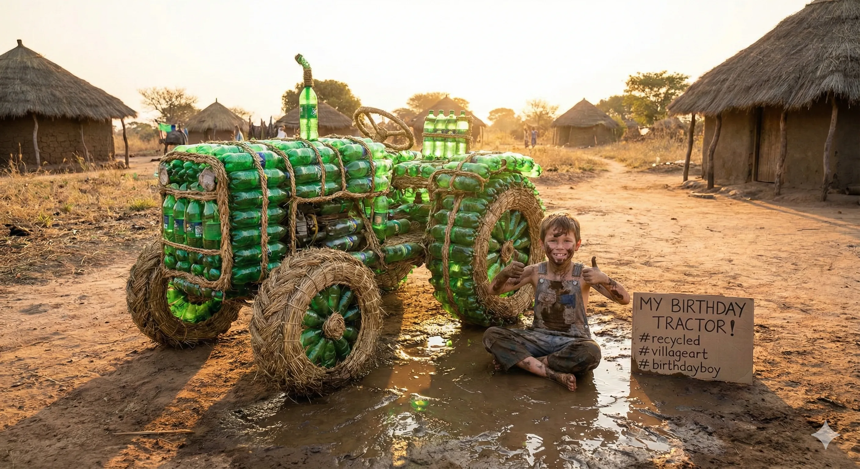 AI-generated engagement bait: boy with plastic bottle tractor
