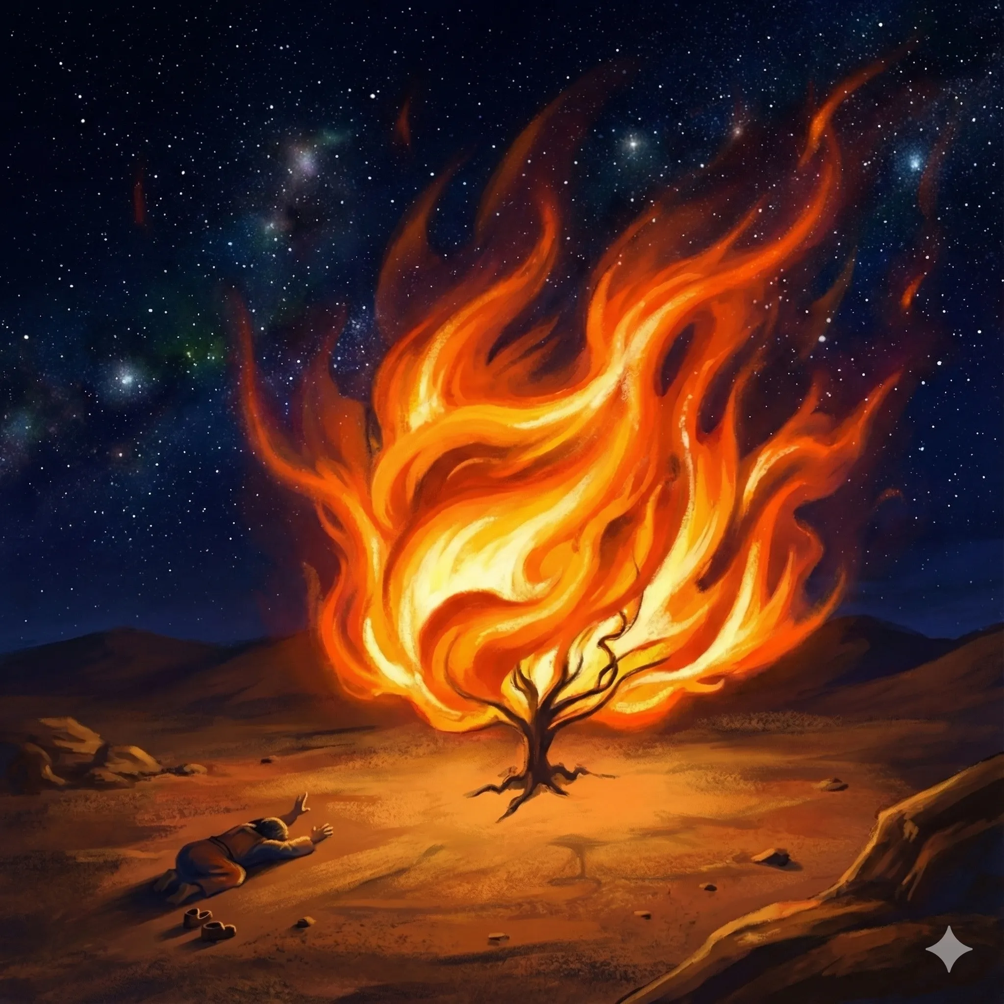 First AI painting of Moses and burning bush with starry sky