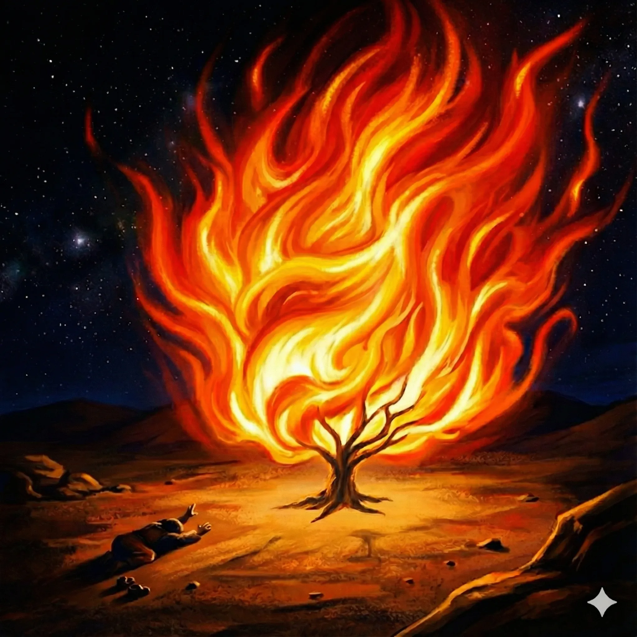 Final painting with high contrast dramatic fire lighting