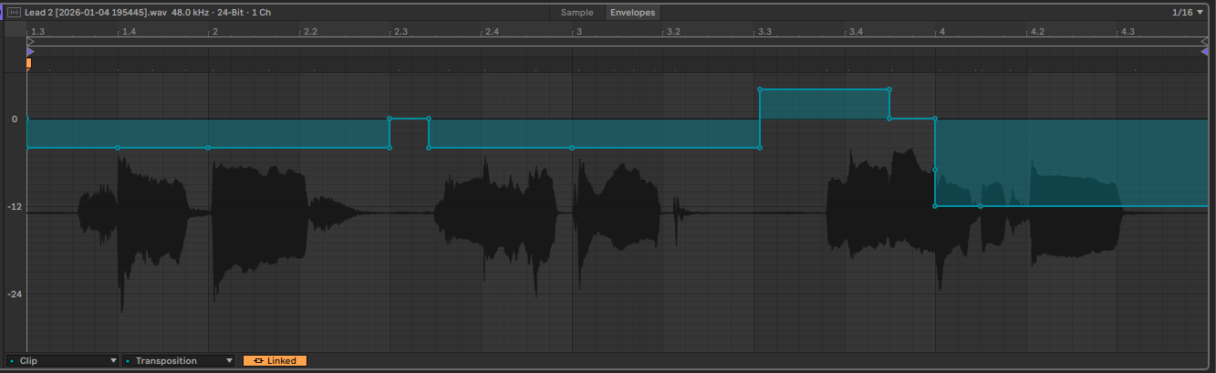 Ableton clip view showing pitch automation drawn on a vocal clip